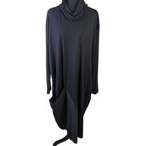 Gershon Bram Lagenlook Boho Elegant Black Cowl Neck Dress Asymmetric Pocket XL